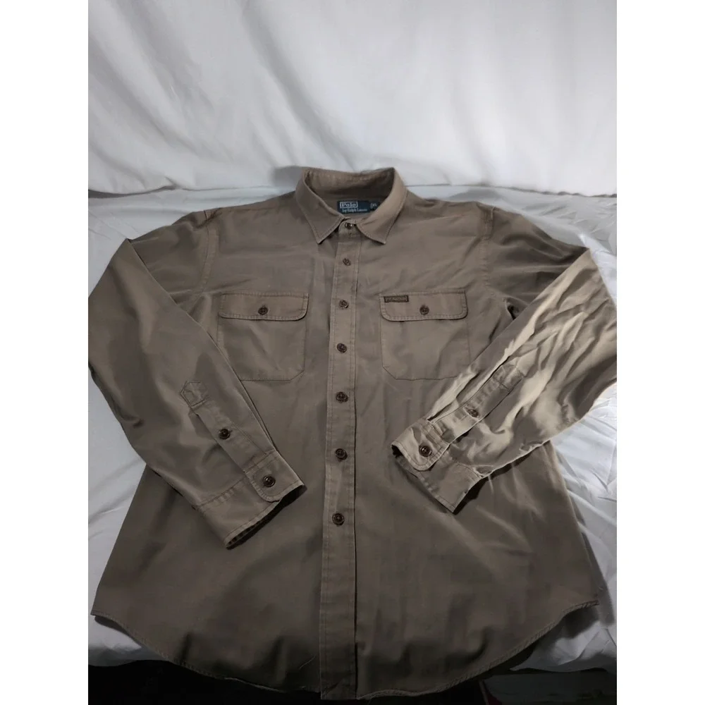 Vintage 90s Polo Ralph Lauren Long Sleeve Military Safari Shirt Brown Men's XL